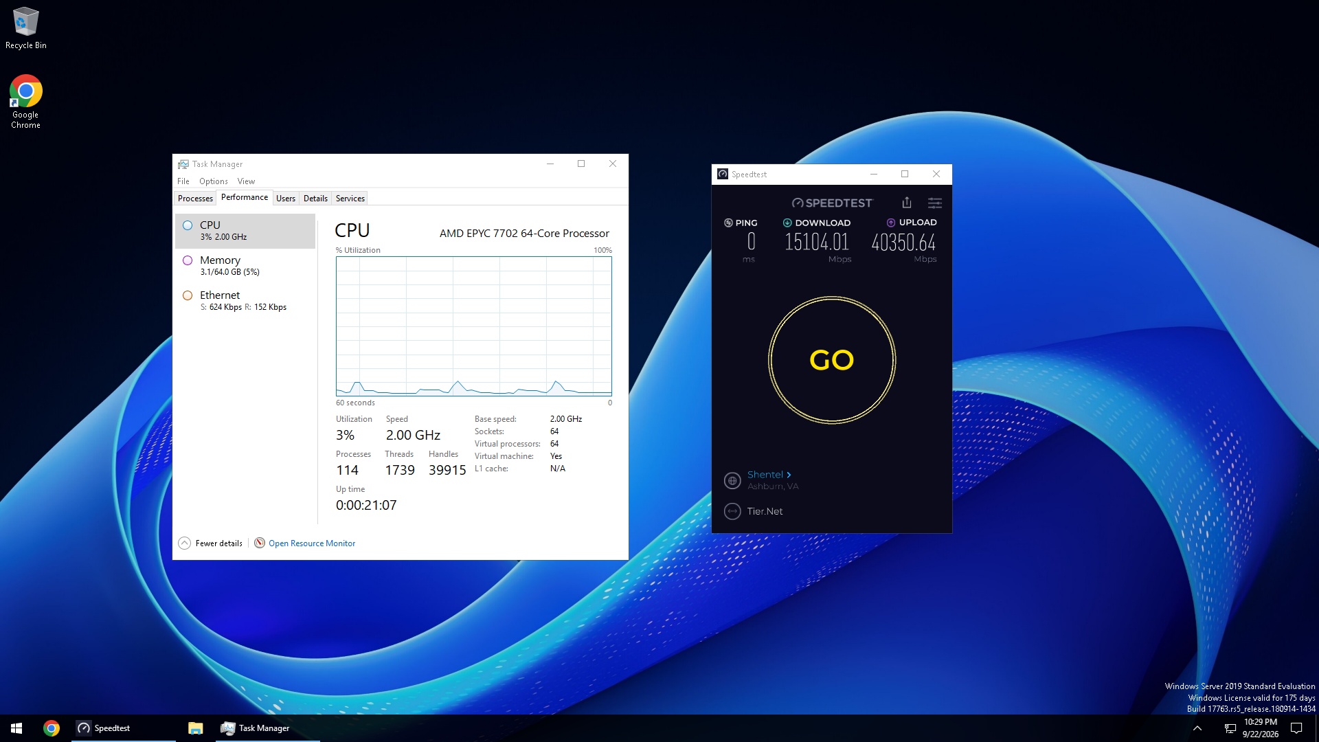 Windows server desktop showing AMD EPYC 7702 Task Manager and a Speedtest result with 40,350.64 Mbps upload speed